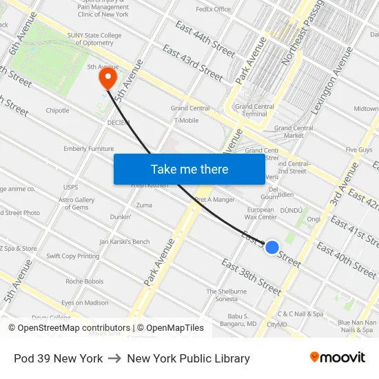 Pod 39 New York to New York Public Library map