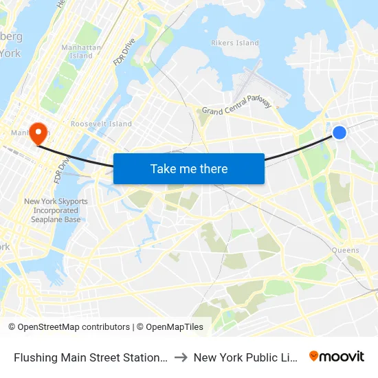 Flushing Main Street Station LIRR to New York Public Library map