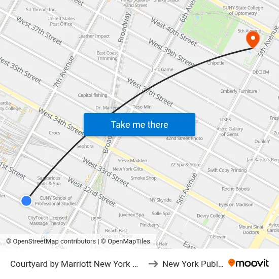 Courtyard by Marriott New York Manhattan Chelsea to New York Public Library map