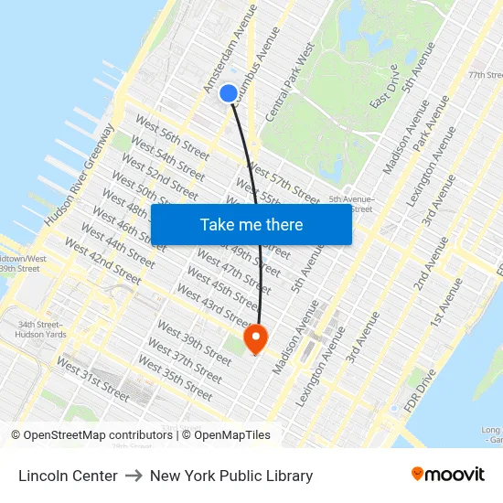 Lincoln Center to New York Public Library map