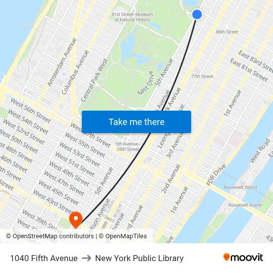 1040 Fifth Avenue to New York Public Library map