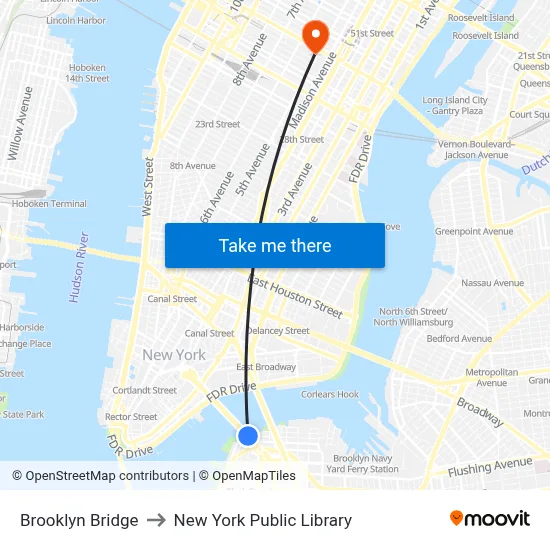 Brooklyn Bridge to New York Public Library map