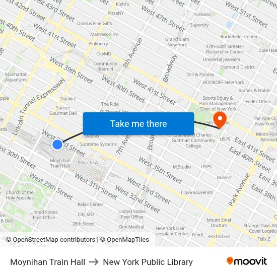 Moynihan Train Hall to New York Public Library map