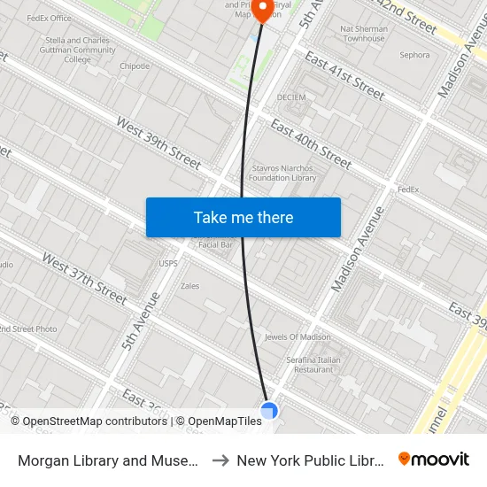 Morgan Library and Museum to New York Public Library map