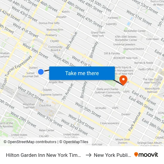 Hilton Garden Inn New York Times Square South to New York Public Library map