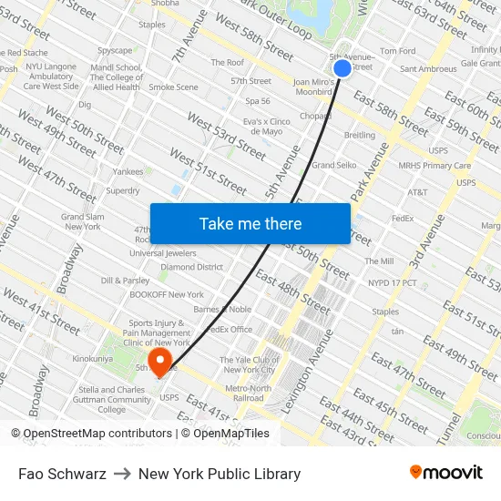 Fao Schwarz to New York Public Library map