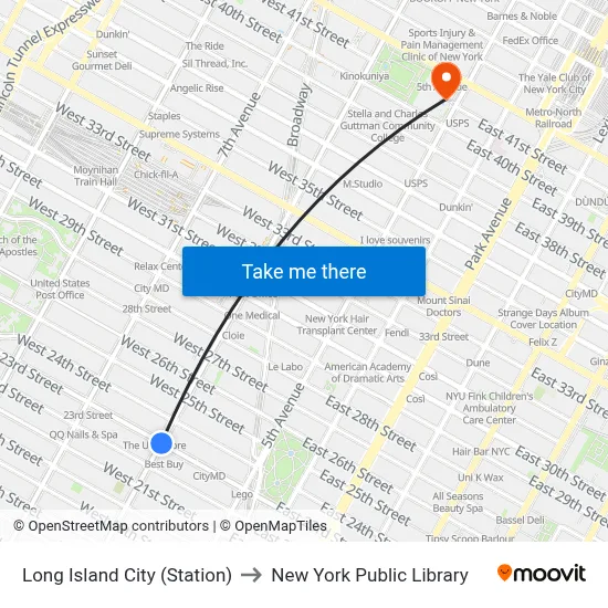 Long Island City (Station) to New York Public Library map