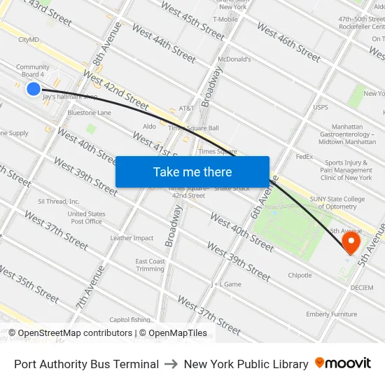 Port Authority Bus Terminal to New York Public Library map