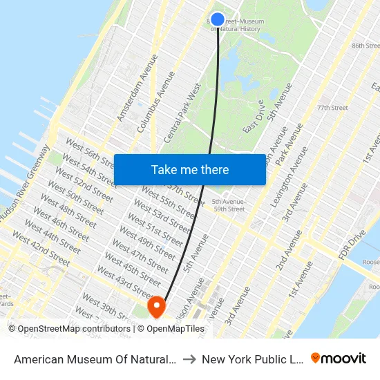 American Museum Of Natural History to New York Public Library map