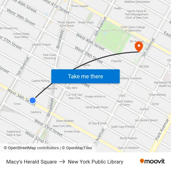 Macy's Herald Square to New York Public Library map