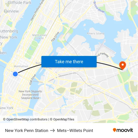 New York Penn Station to Mets–Willets Point map
