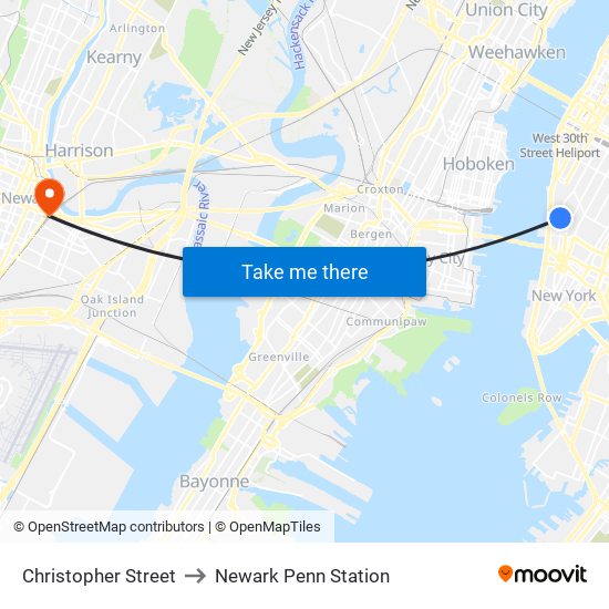 Christopher Street to Newark Penn Station map