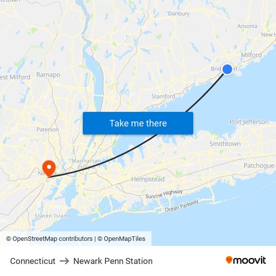 Connecticut to Newark Penn Station map