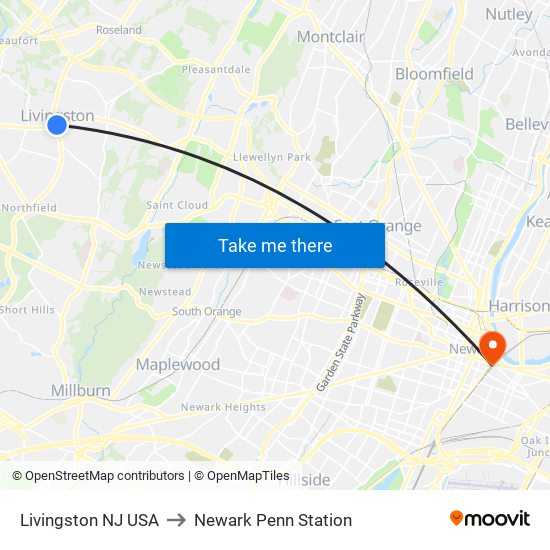 Livingston NJ USA to Newark Penn Station map