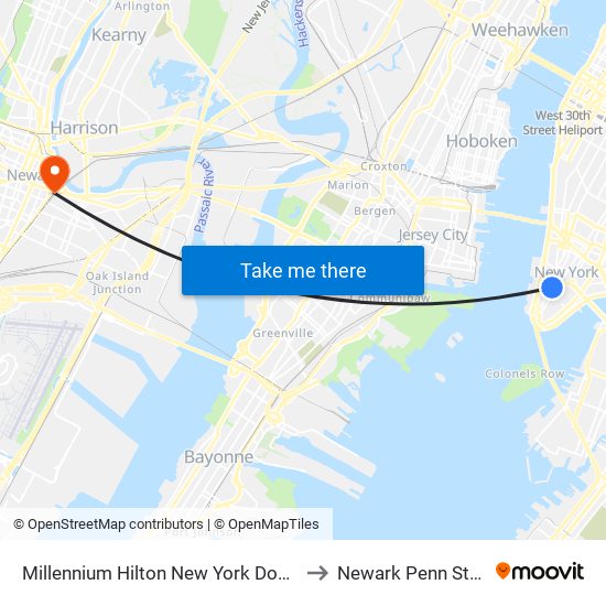 Millennium Hilton New York Downtown to Newark Penn Station map