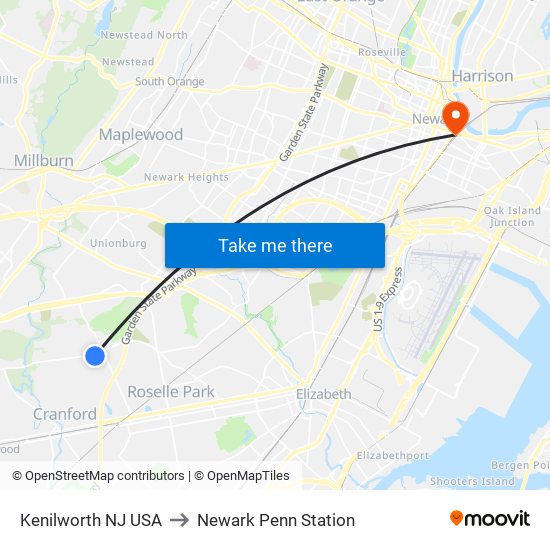 Kenilworth NJ USA to Newark Penn Station map