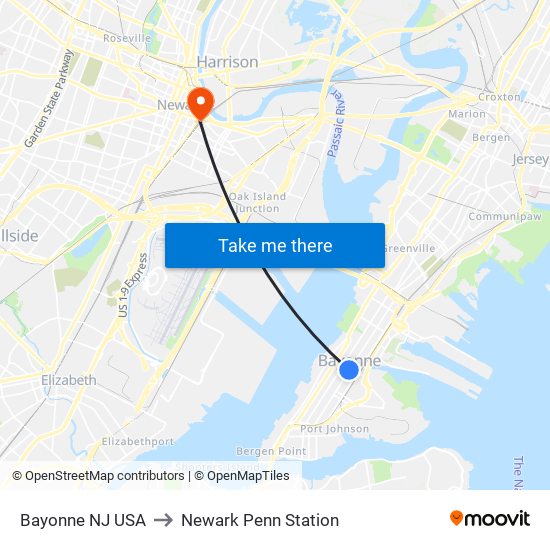 Bayonne NJ USA to Newark Penn Station map
