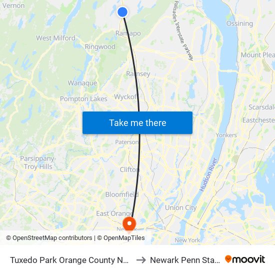 Tuxedo Park Orange County NY USA to Newark Penn Station map