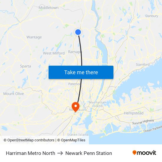 Harriman Metro North to Newark Penn Station map