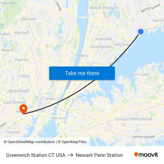 Greenwich Station CT USA to Newark Penn Station map