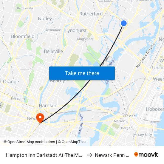 Hampton Inn Carlstadt At The Meadowlands to Newark Penn Station map