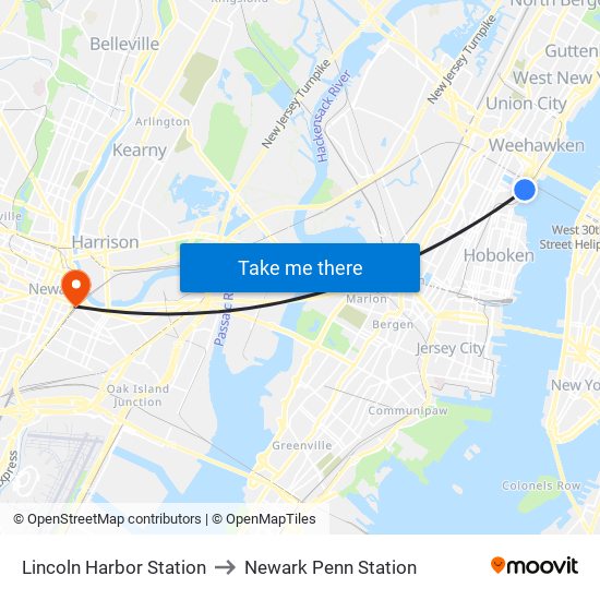 Lincoln Harbor Station to Newark Penn Station map