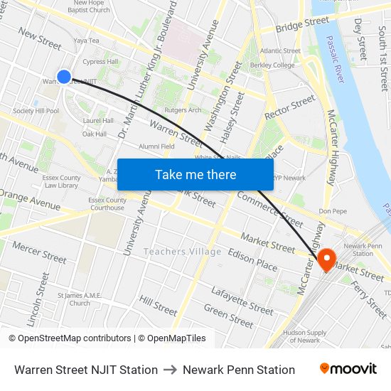 Warren Street NJIT Station to Newark Penn Station map