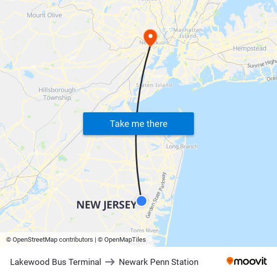 Lakewood Bus Terminal to Newark Penn Station map