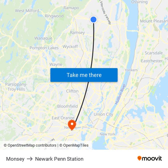 Monsey to Newark Penn Station map
