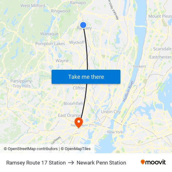 Ramsey Route 17 Station to Newark Penn Station map