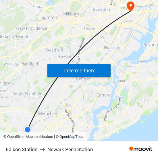 Edison Station to Newark Penn Station map