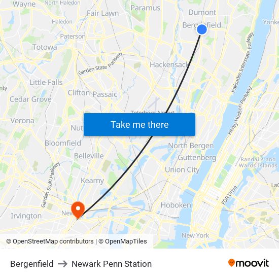 Bergenfield to Newark Penn Station map
