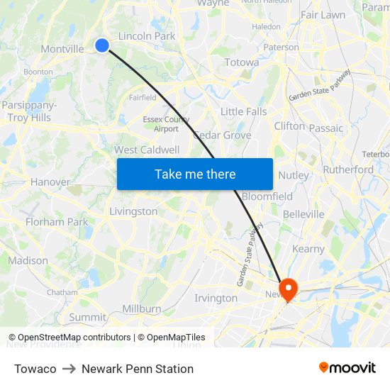 Towaco to Newark Penn Station map