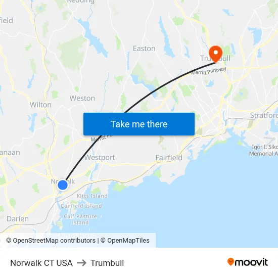 Norwalk CT USA to Trumbull map