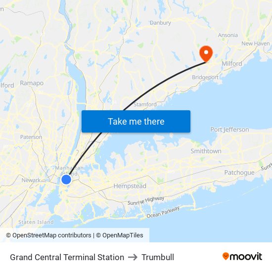 Grand Central Terminal Station to Trumbull map