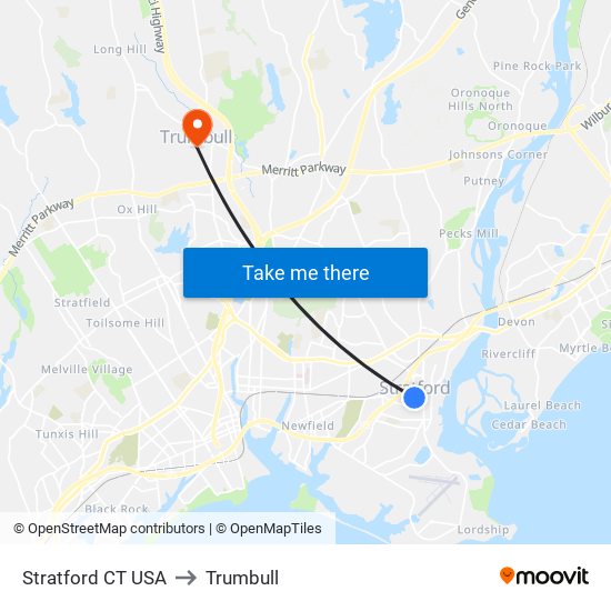 Stratford CT USA to Trumbull map