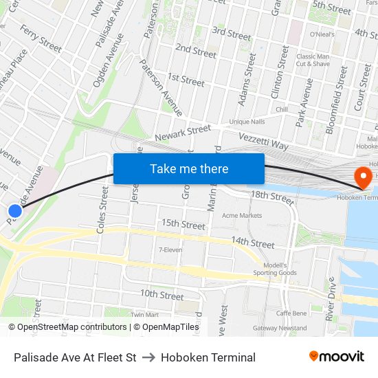 Palisade Ave At Fleet St to Hoboken Terminal map