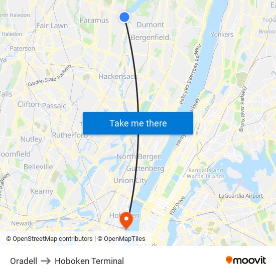 Oradell to Hoboken Terminal map