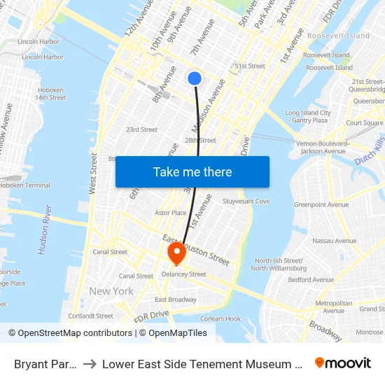 Bryant Park 7 to Lower East Side Tenement Museum Offices map
