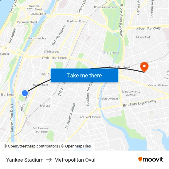 Yankee Stadium to Metropolitan Oval map