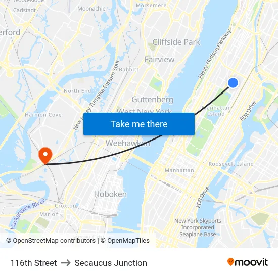 116th Street to Secaucus Junction map