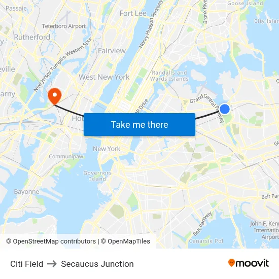 Citi Field to Secaucus Junction map