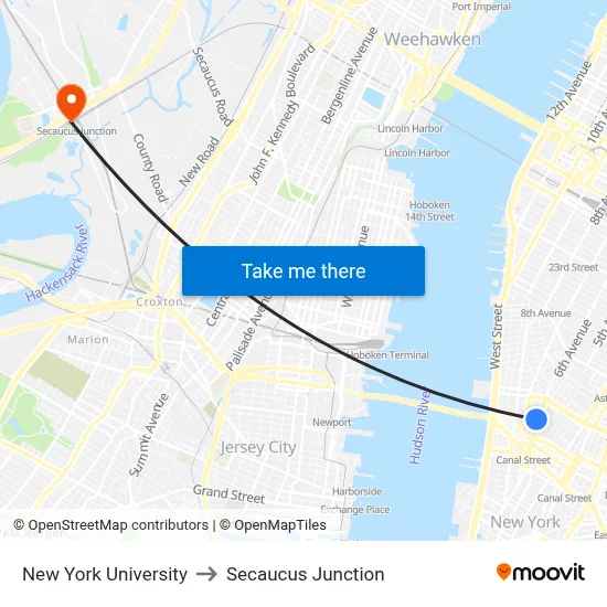 New York University to Secaucus Junction map