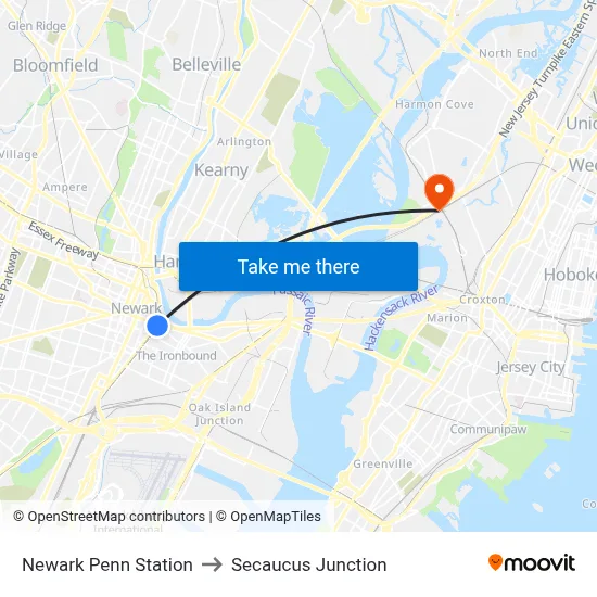 Newark Penn Station to Secaucus Junction map