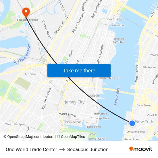 One World Trade Center to Secaucus Junction map