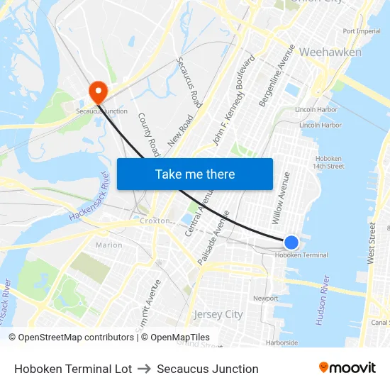 Hoboken Terminal Lot to Secaucus Junction map