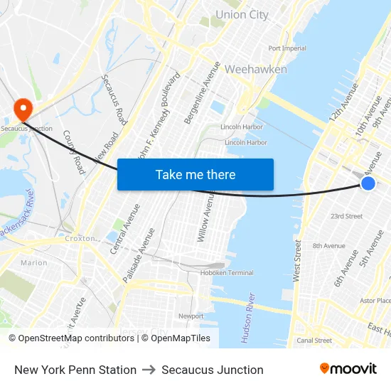 New York Penn Station to Secaucus Junction map