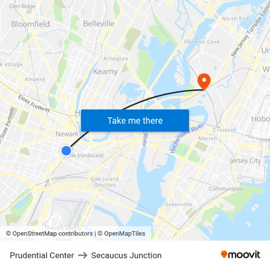 Prudential Center to Secaucus Junction map