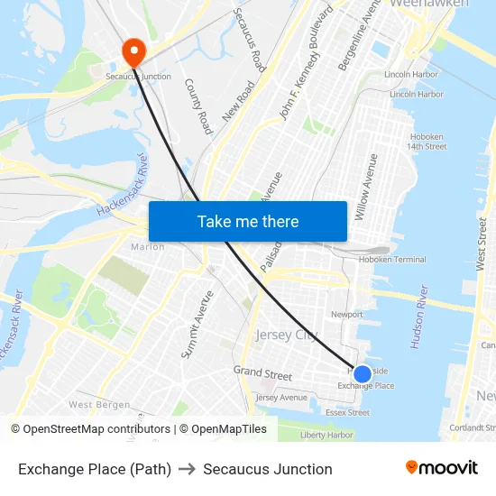 Exchange Place (Path) to Secaucus Junction map