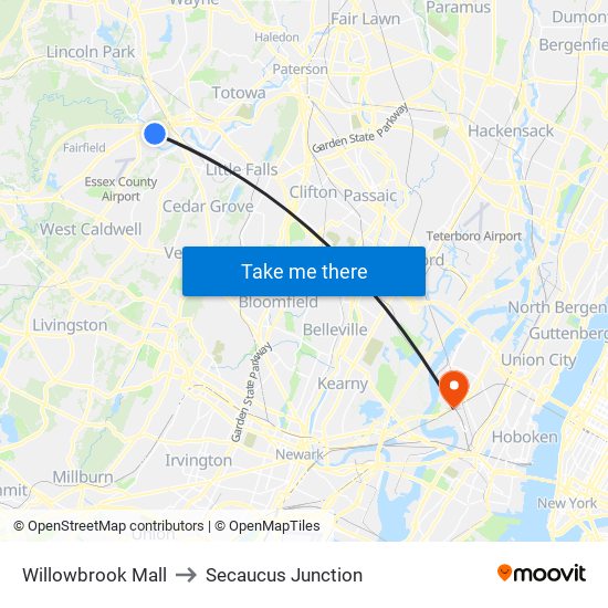 Willowbrook Mall to Secaucus Junction map